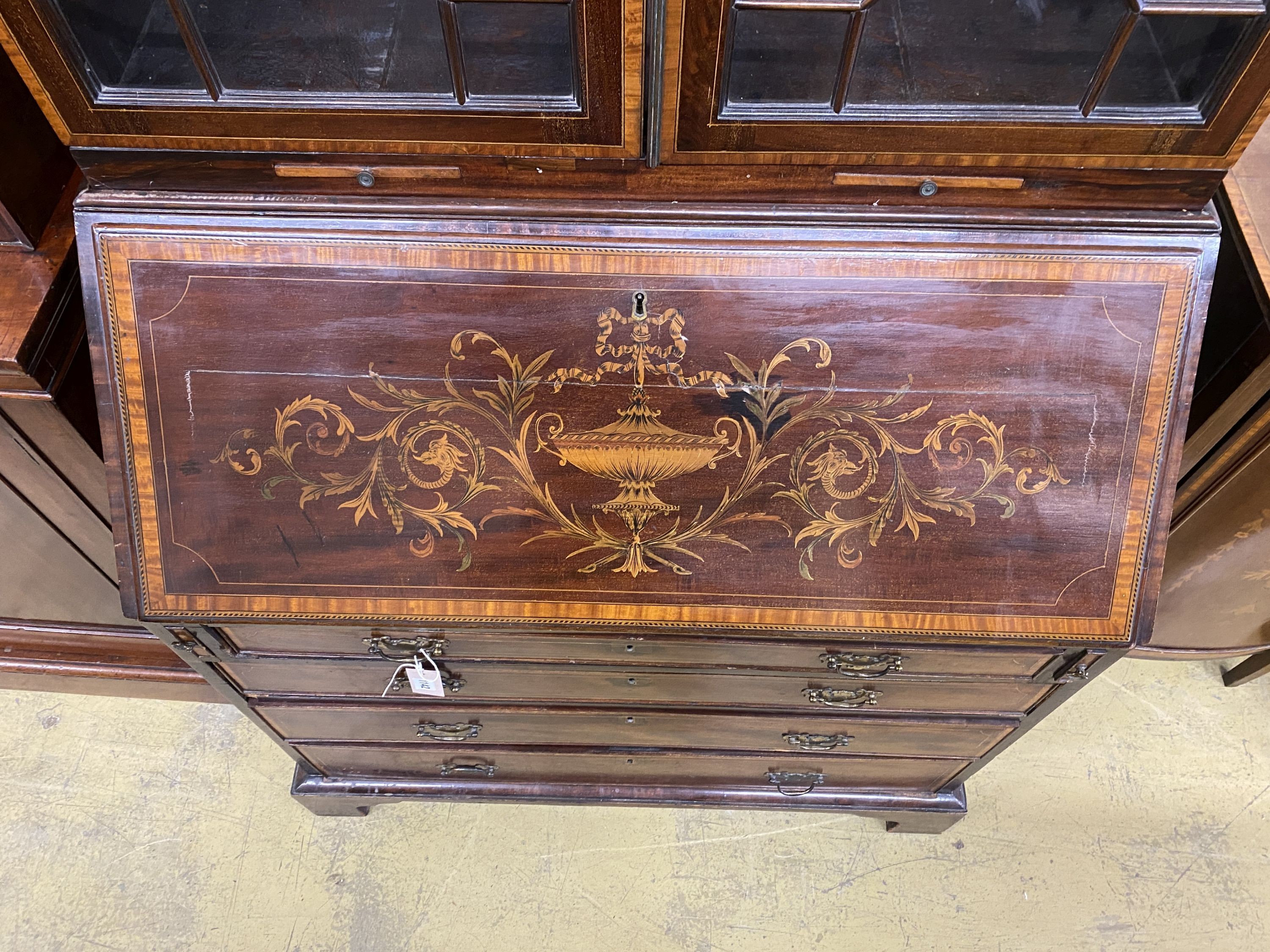 An Edwardian satinwood banded marquetry inlaid mahogany bureau bookcase, length 96cm, depth 55cm, height 230cm